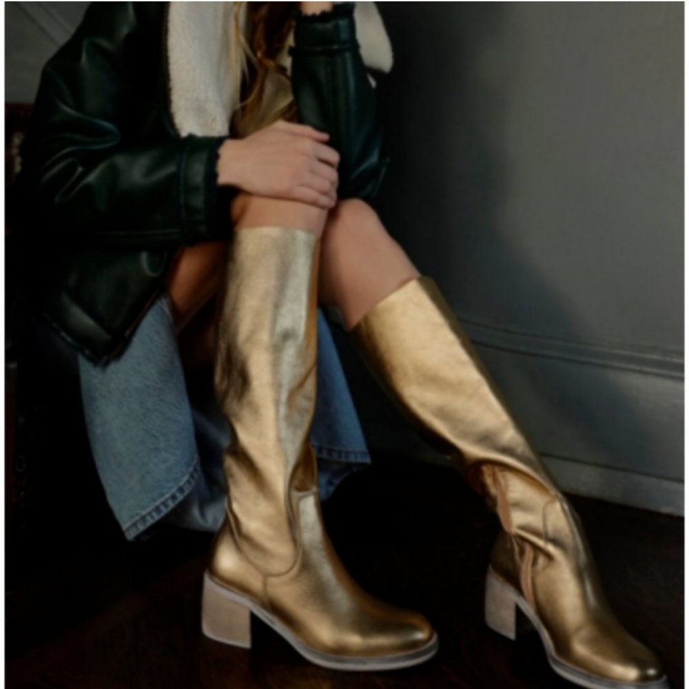 Free People Essential Leather Gold Tall Slouch Boots 37.5 EU/7 US